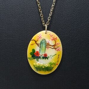 Vintage Asian Hand Painted Shell Pendant, Cherry Blossoms, 1960s Vintage Jewelry